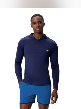 NWT Speedo Navy Hooded Long Sleeve Swim Shirt half zip